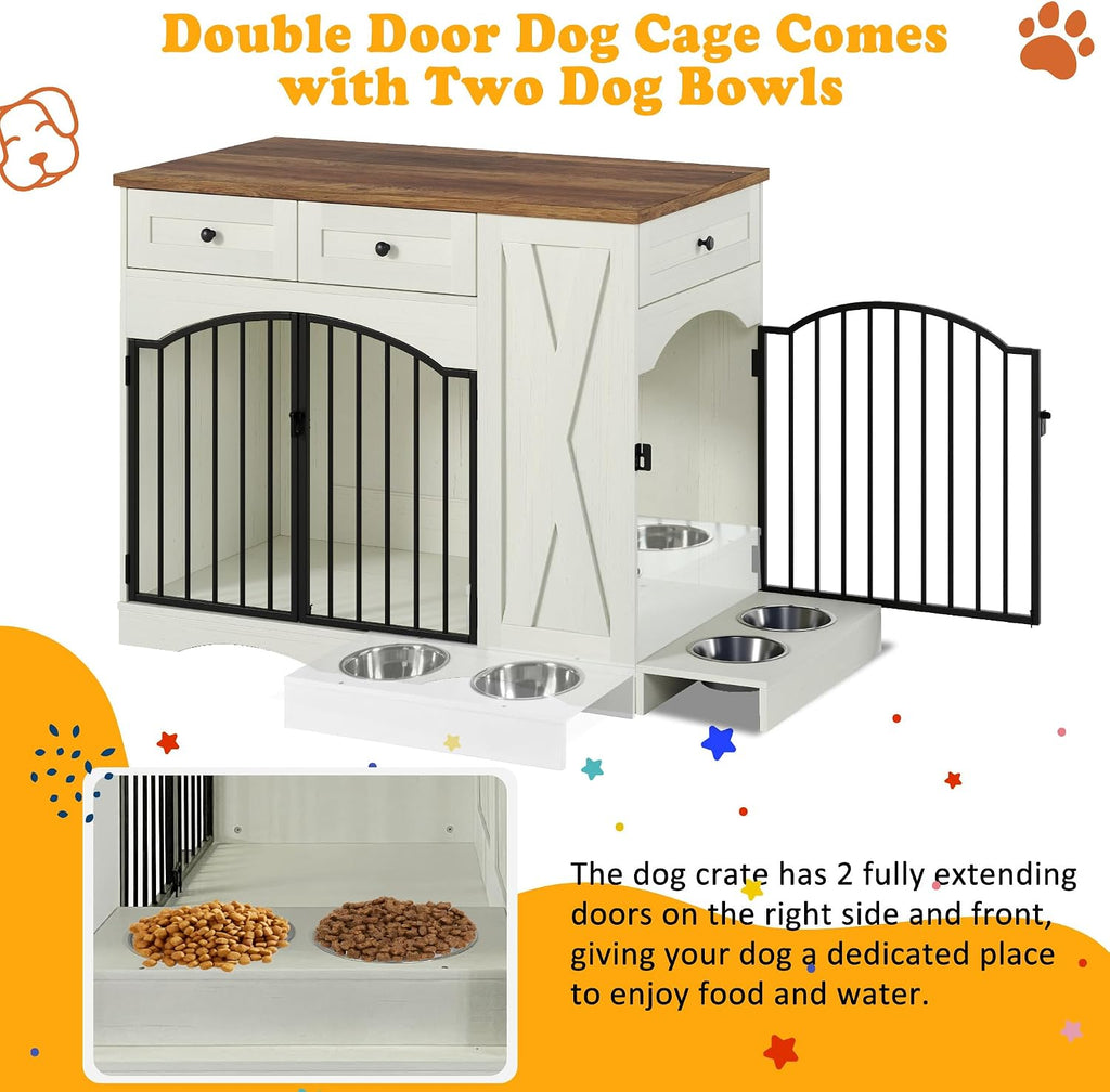 Dog Crate Furniture, Wooden Dog Kennel with 3 Drawers, Beige