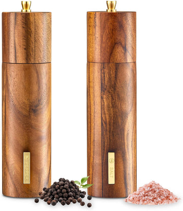 Acacia Wooden Salt and Pepper Grinder Set with Gold Label, Premium 8 Inches salt and pepper shakers, Manual - Set of 2