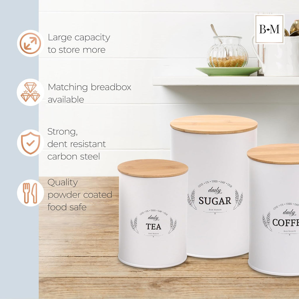 Extra Large White Farmhouse Bread Box Countertop - Bread Storage with Matching Large Kitchen Canisters - Set of 3