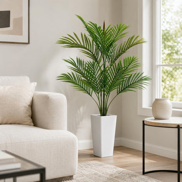 Artificial Palm Tree, 4.5FT Tall Faux Tropical Areca Plants with White Tall Planter, Fake Potted Tree with Lifelike