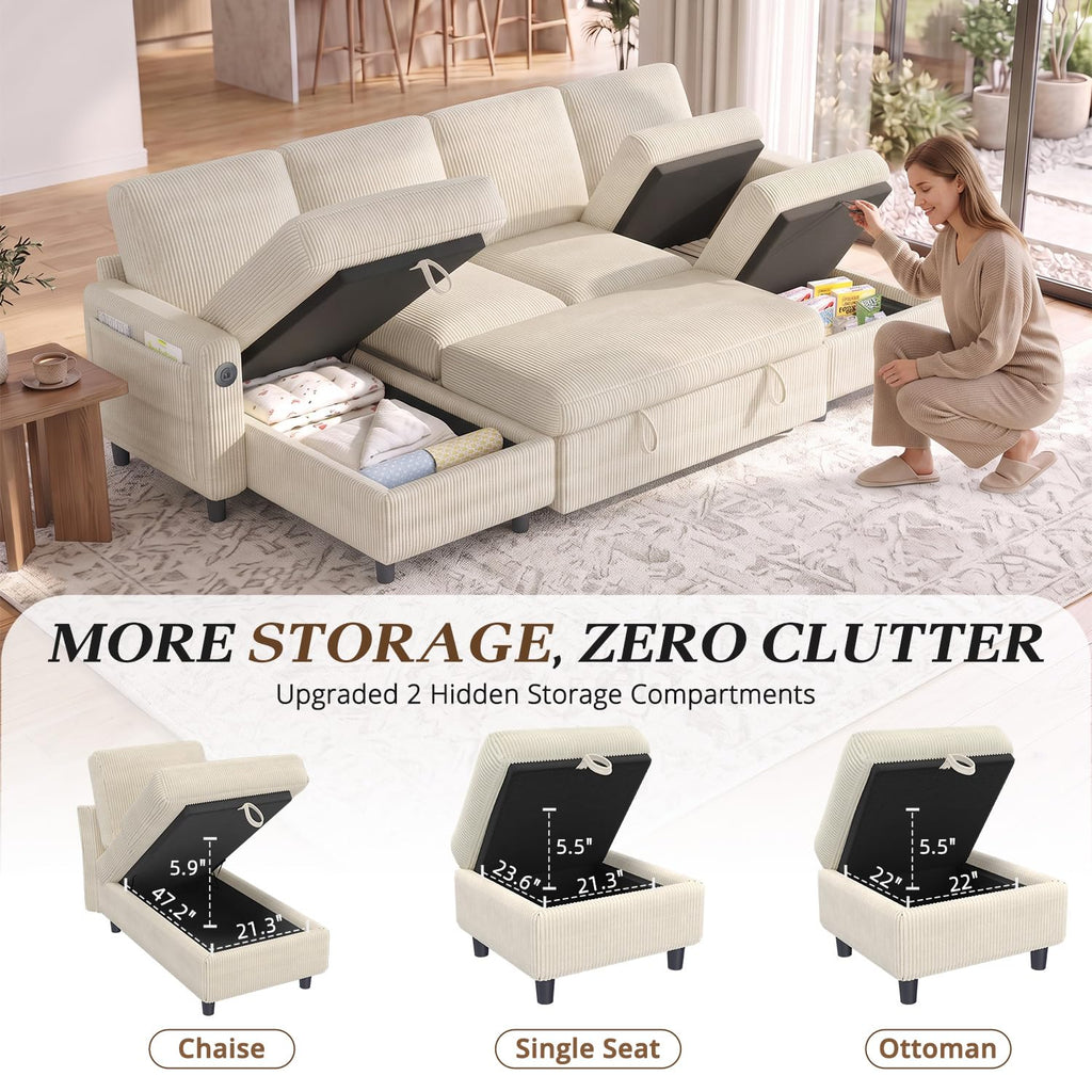 5-Seat Sleeper Sofa Bed with Reversible Chaise Lounge Sectional, Corduroy U-Shaped Convertible Couch Set with USB