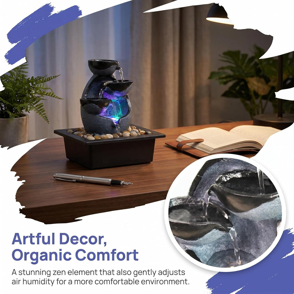 Tabletop Water Fountain with LED Lights, Indoor Resin Waterfall Fountain for Desk Office Home Decor, Zen Meditation