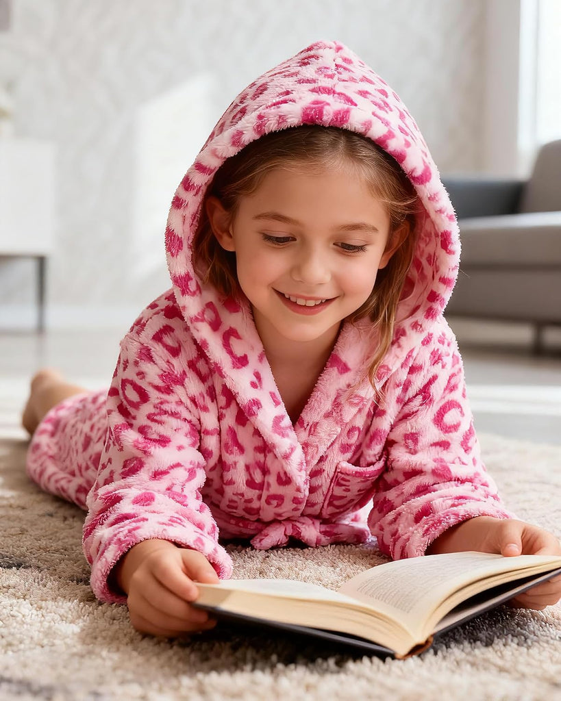 Kids Toddler Boys Girls Fleece Robe Soft Hooded Bathrobe Pajamas Sleepwear