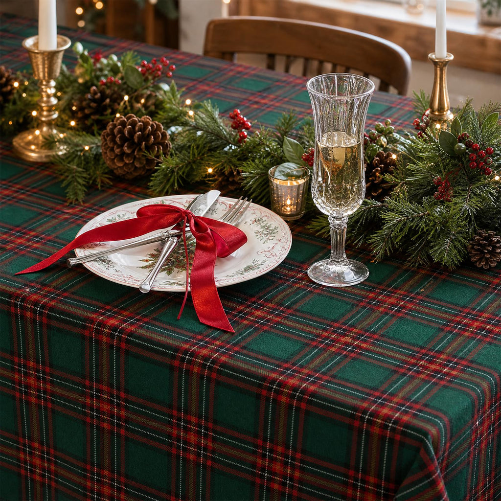 Christmas Tartan Plaid Rectangle Tablecloth for 6 Foot Rectangle Tables, 55 X 84 Holiday Red Forest Green Vintage