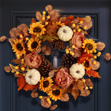 Artificial Fall Autumn Wreath 22 in with Sunflower, Peony, Pumpkin, Eucalyptus Leaf for Front Door Thanksgiving Wreaths