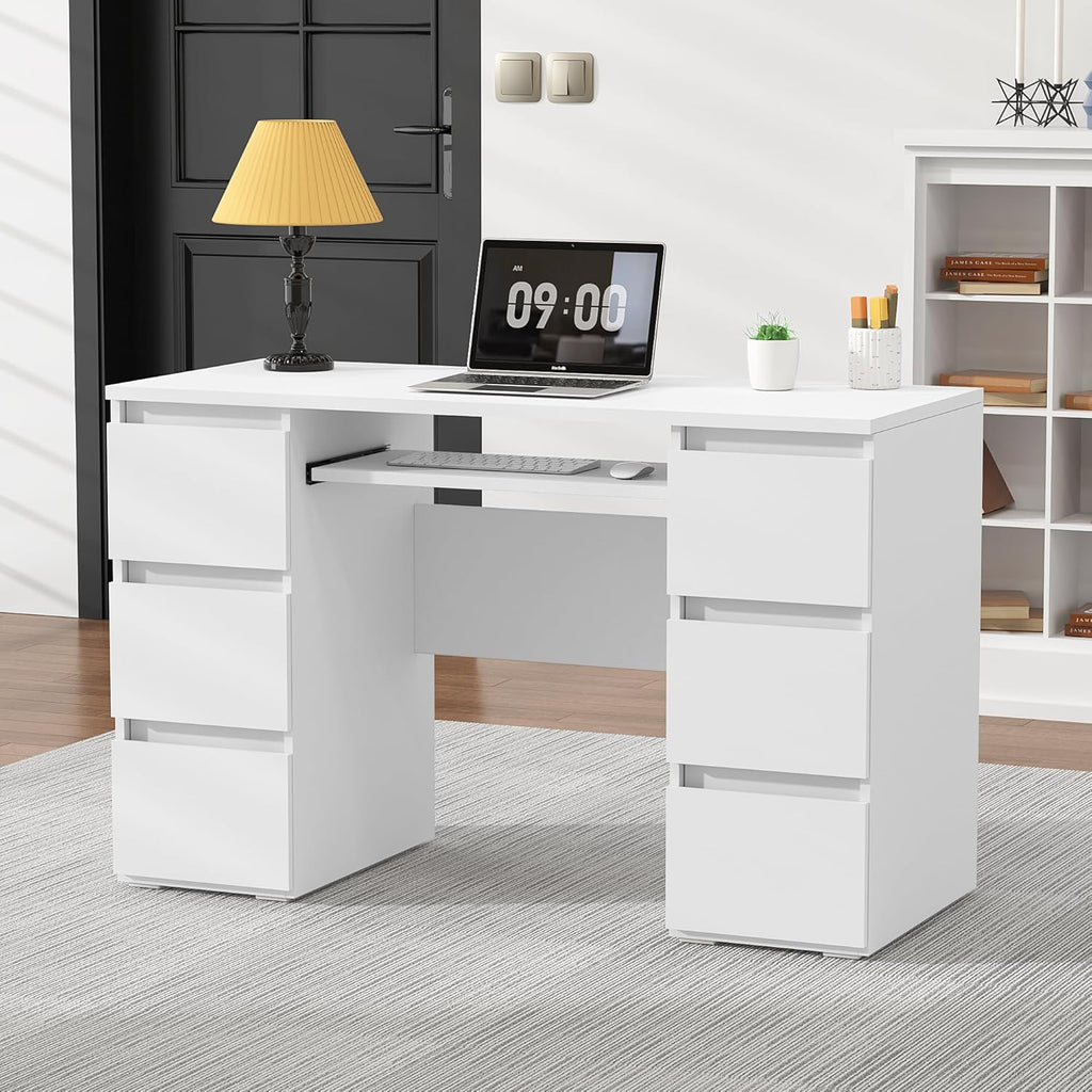 Computer Desk with 6 Drawers, 47'' Home Office Desk with Storage & Keyboard Shelf, White Gaming Desks