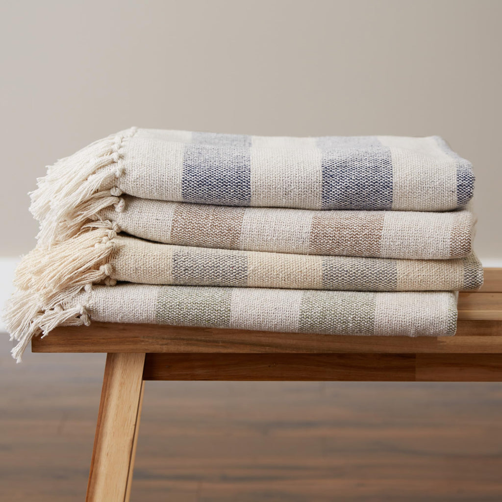 Rustic Farmhouse Cotton Cabana Striped Blanket Throw with Fringe, 50 x 60 - Cabana Striped Off-White with French Blue