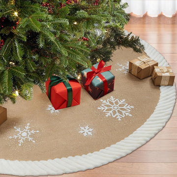 Christmas Tree Skirt 60 inches, Burlap Tree Skirt for 7.5 ft Tree to 9 ft Tree, Large Snowflake Tree Skirt with Faux