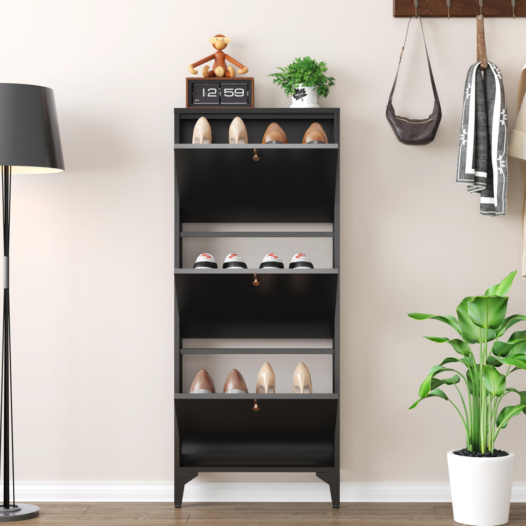 Shoe Cabinet with 3 Flip Drawers, Narrow Shoe Storage Cabinet, Farmhouse Shoe Organizer, Freestanding Organizer with