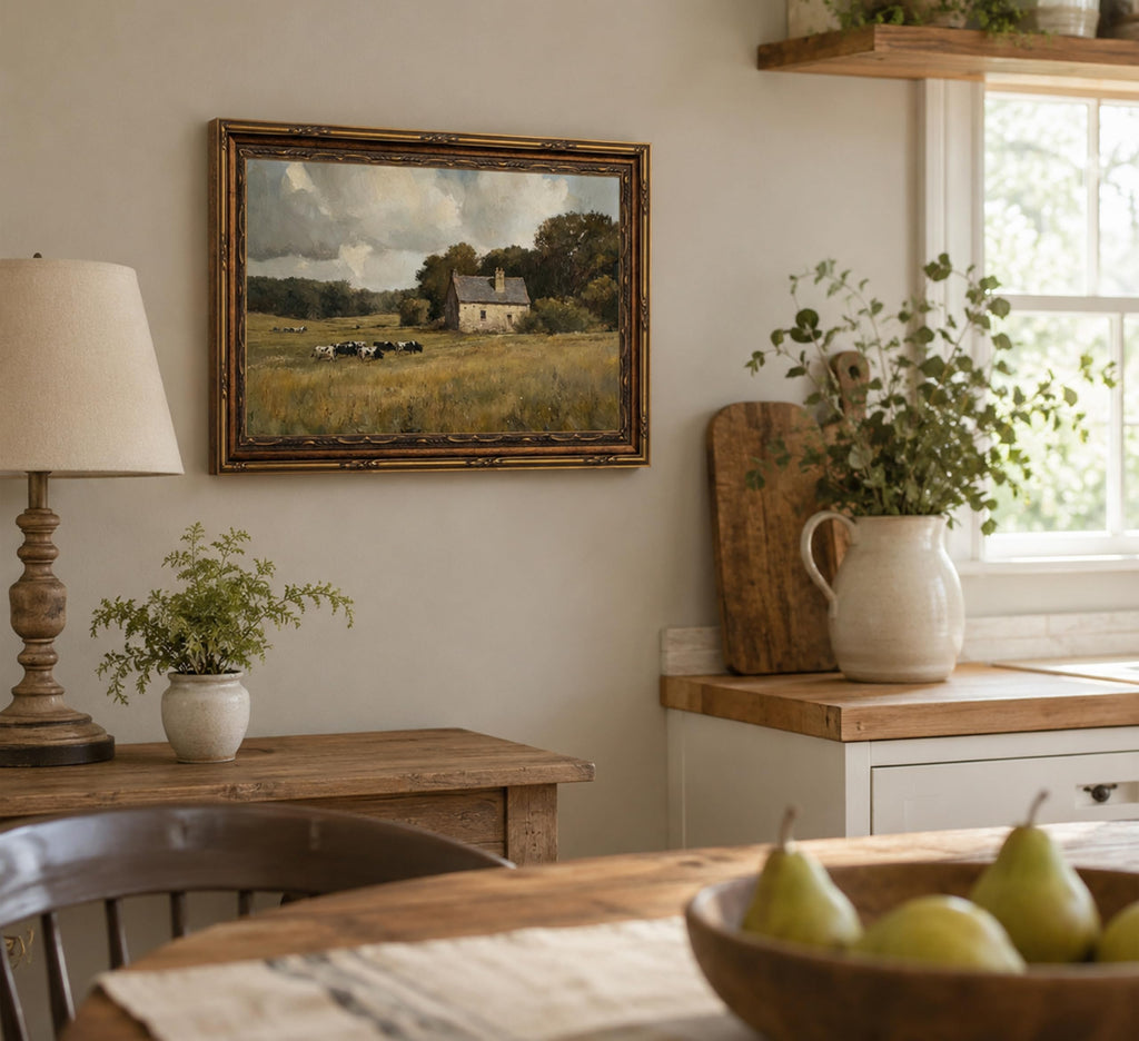 Vintage Cow Farm Landscape Framed Wall Art 12x16 In