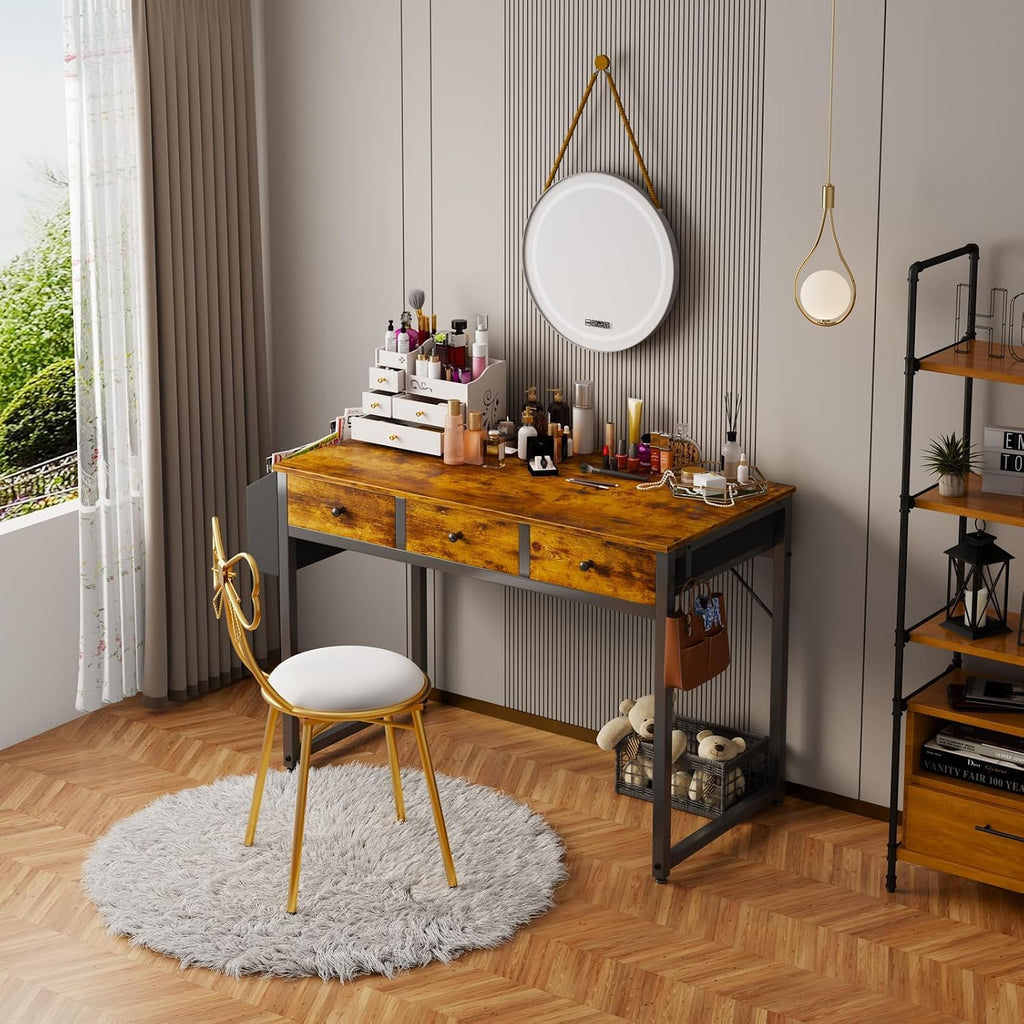 40 Inch Desk with Drawers - 39 Inch Home Office Desks with 3 Fabric Storage Drawer and Pocket, Study Writing Table