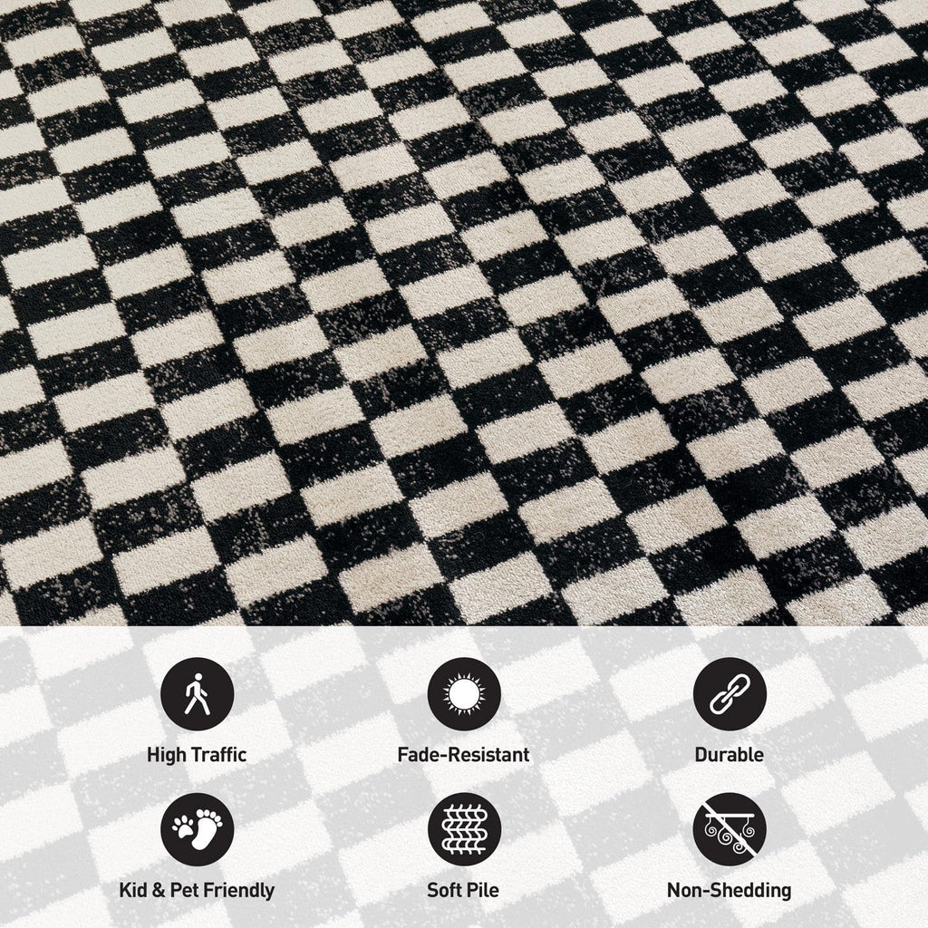 Contemporary Checkered Grid Contrast Area Rug Soft Black