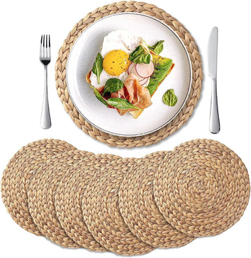 6 Pack, Round Woven Placemats, Natural Water Hyacinth Wicker Place mats, Braided Straw Table Mats, Charger Plates for