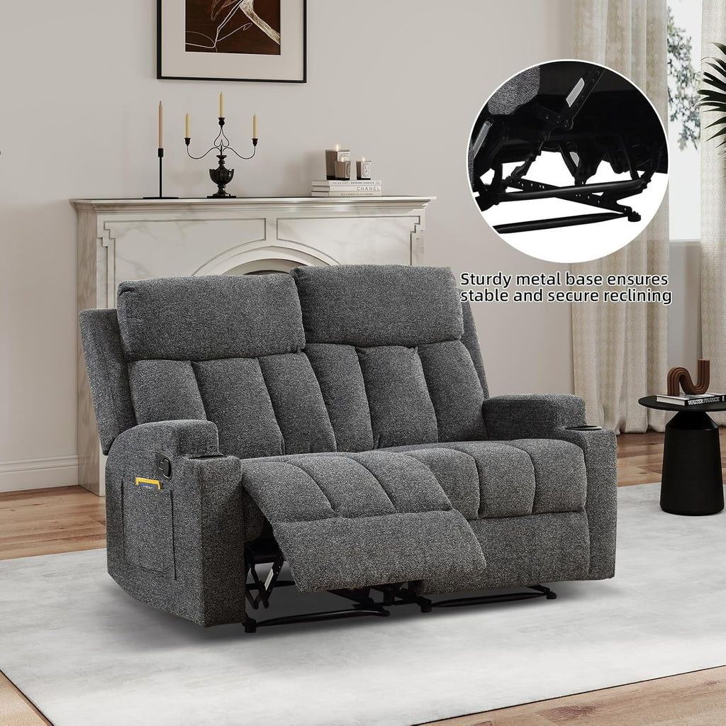Manual Recliner Sofa Set, Fabric Home Theater Seating with Side Pockets and Cup Holders