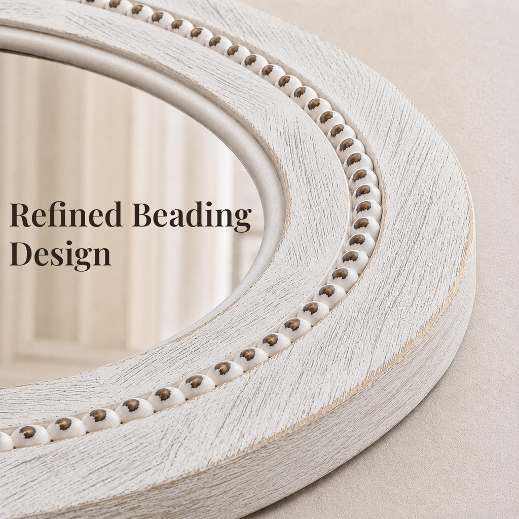 Solid Wood 36 Inch Round Beaded Wall Decor Mirror, Distressed White