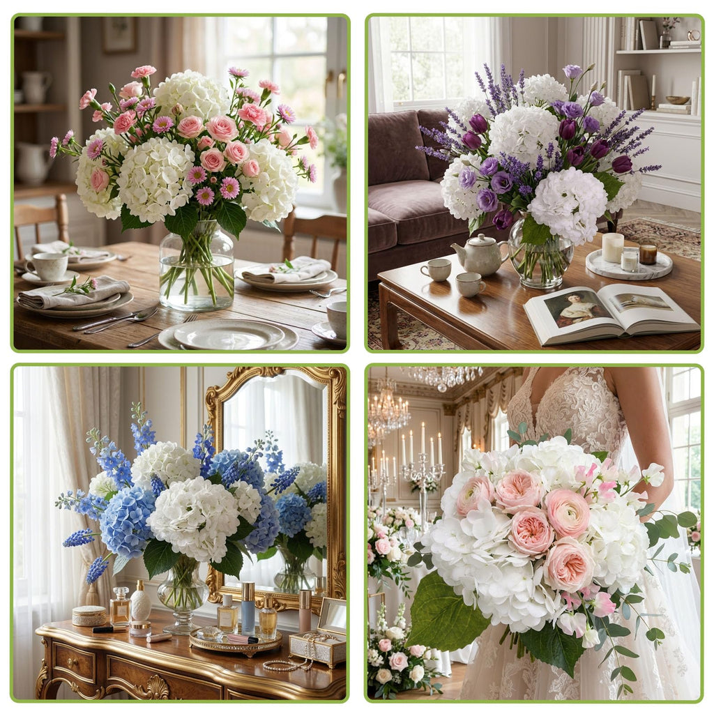 4pcs White Hydrangea Artificial, 21in Real Touch Hydrangeas, Lifelike Fake Hydrangea Flower Decor Party Floral