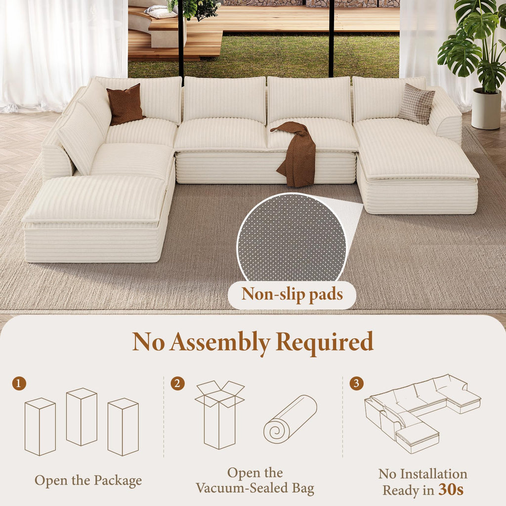 142" 7 Seater Large Boneless Modular Couch, White Plush Corduroy