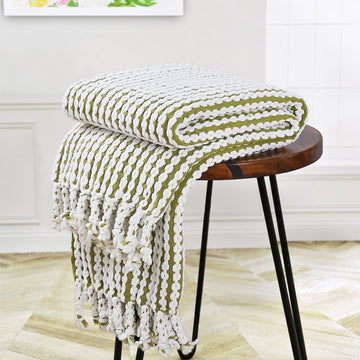 Striped Knit Throw Blanket with Braided Tassels 50" x 60", Hand Knitted Soft Chunky Chain Design Boho Farmhouse
