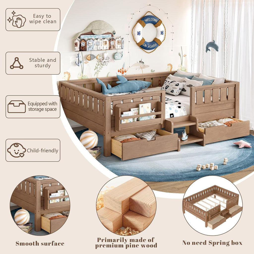 Full Floor Bed with Stairs, Rails and Slats, Full Size Montessori Floor Bed with Bookshelf and 2 Storage Drawers