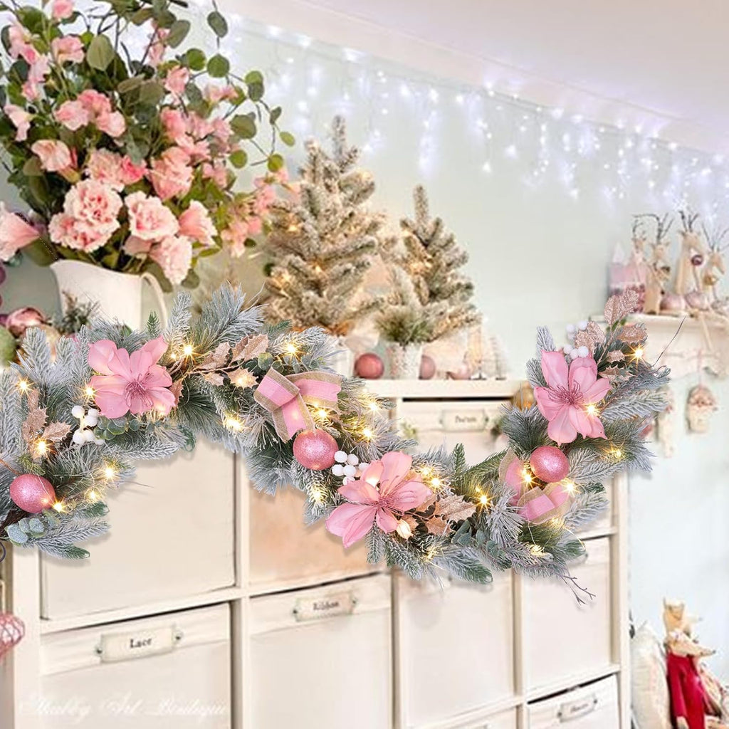 6 feet Christmas Pink Garland for Front Door with 30 LED Lights with Timer,Festive Lighted Holiday Snow Flocked