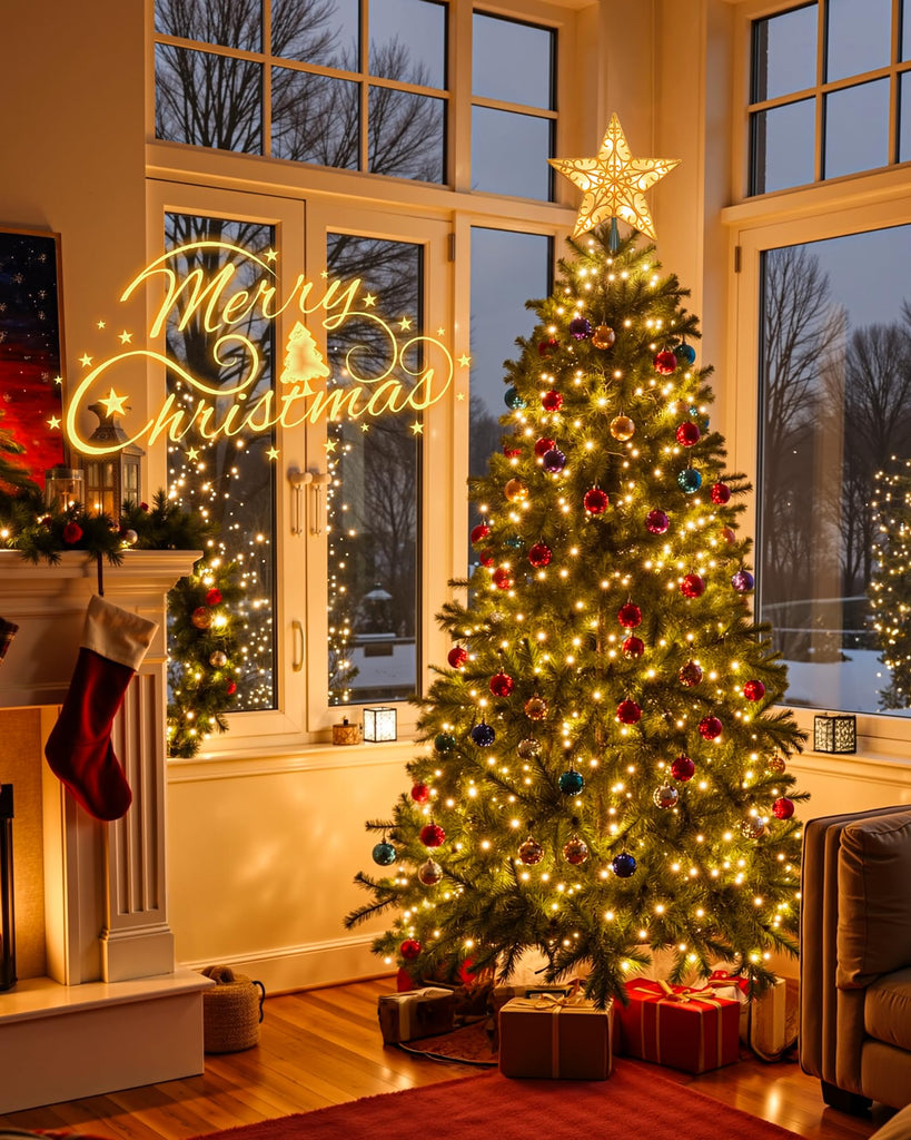 Christmas Star Tree Topper, Plug in Sliver Glittered 3D Star Tree Topper, Metal Hollow Designed Built-in 10 Bulbs