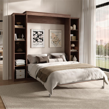 Murphy Bed Full Cabinet with 5-Tier Shelves, Wood Wall Bed, Walnut