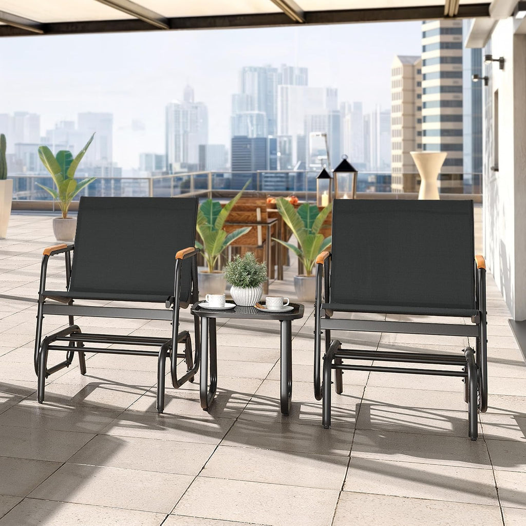 3 Piece Patio Glider Set Textilene Gliders Outdoor Furniture Black | Heavy-duty Patio Glider Set w/Breathable Fabric