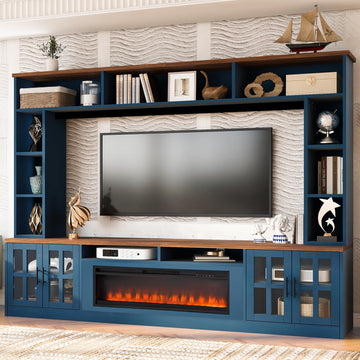 95.5" Farmhouse Entertainment Center with Fireplace, Wood Large TV Stand Wall Unit Media Console with Storage