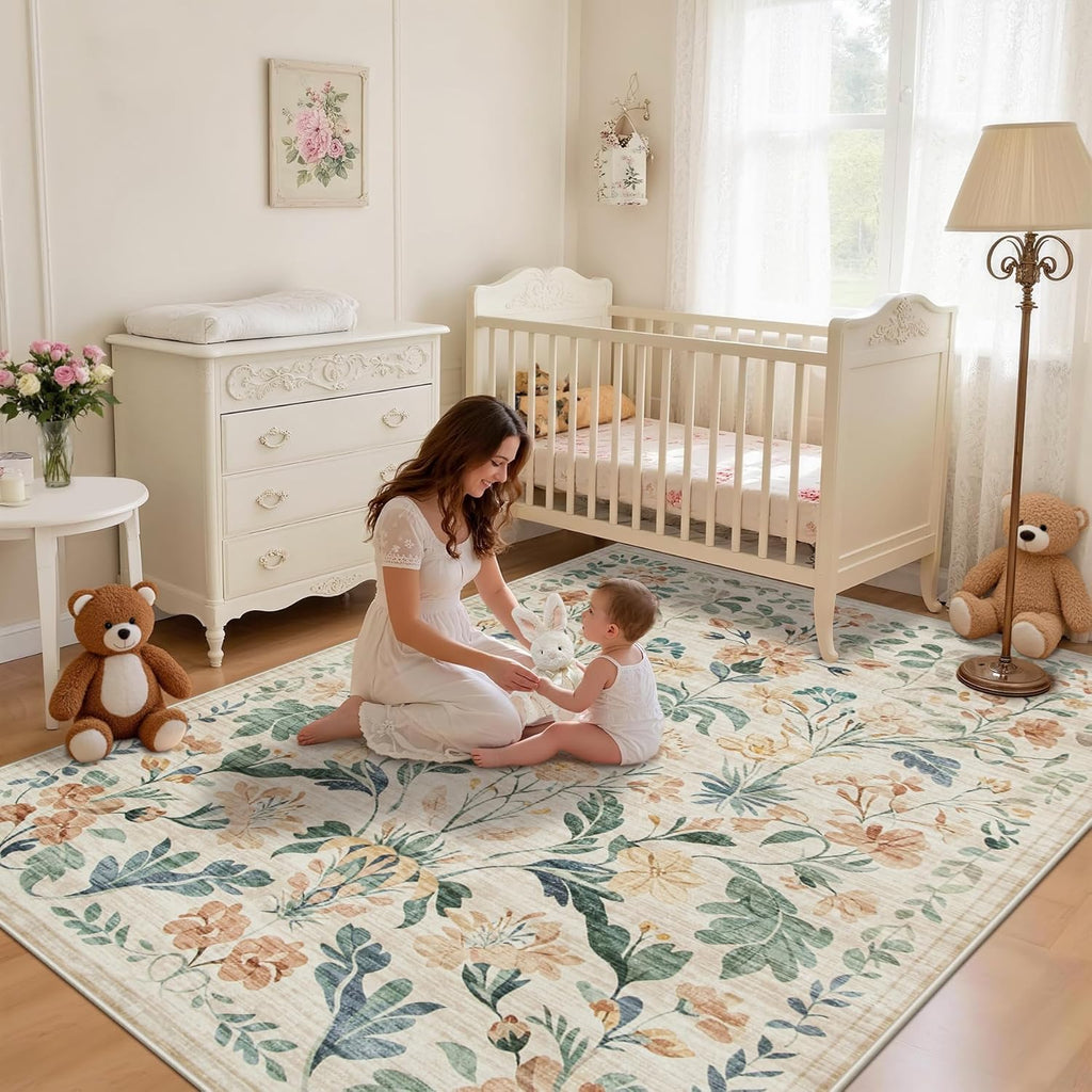 5x7 Area Rugs Boho Floral Washable Living Room Rug Neutral Carpet Nursery