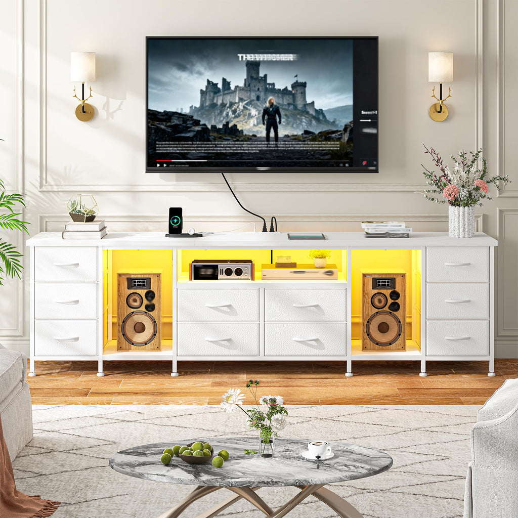 75.5" Long TV Stand for 85/80/75" TVs with LED, Power Outlets & 10 Drawers
