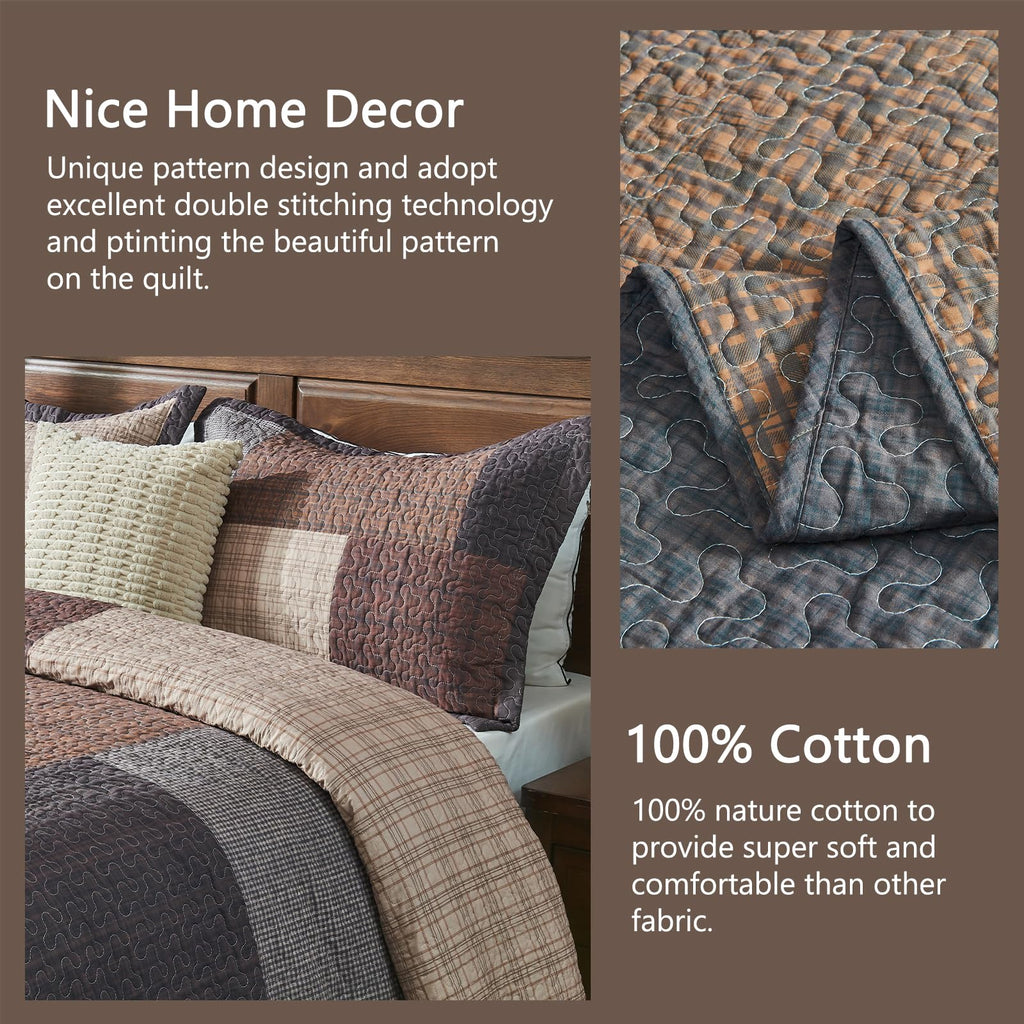 100% Cotton Quilt Set, Farmhouse Plaid Quilted Bedspread, Brown Lightweight Reversible Comforter Bedding