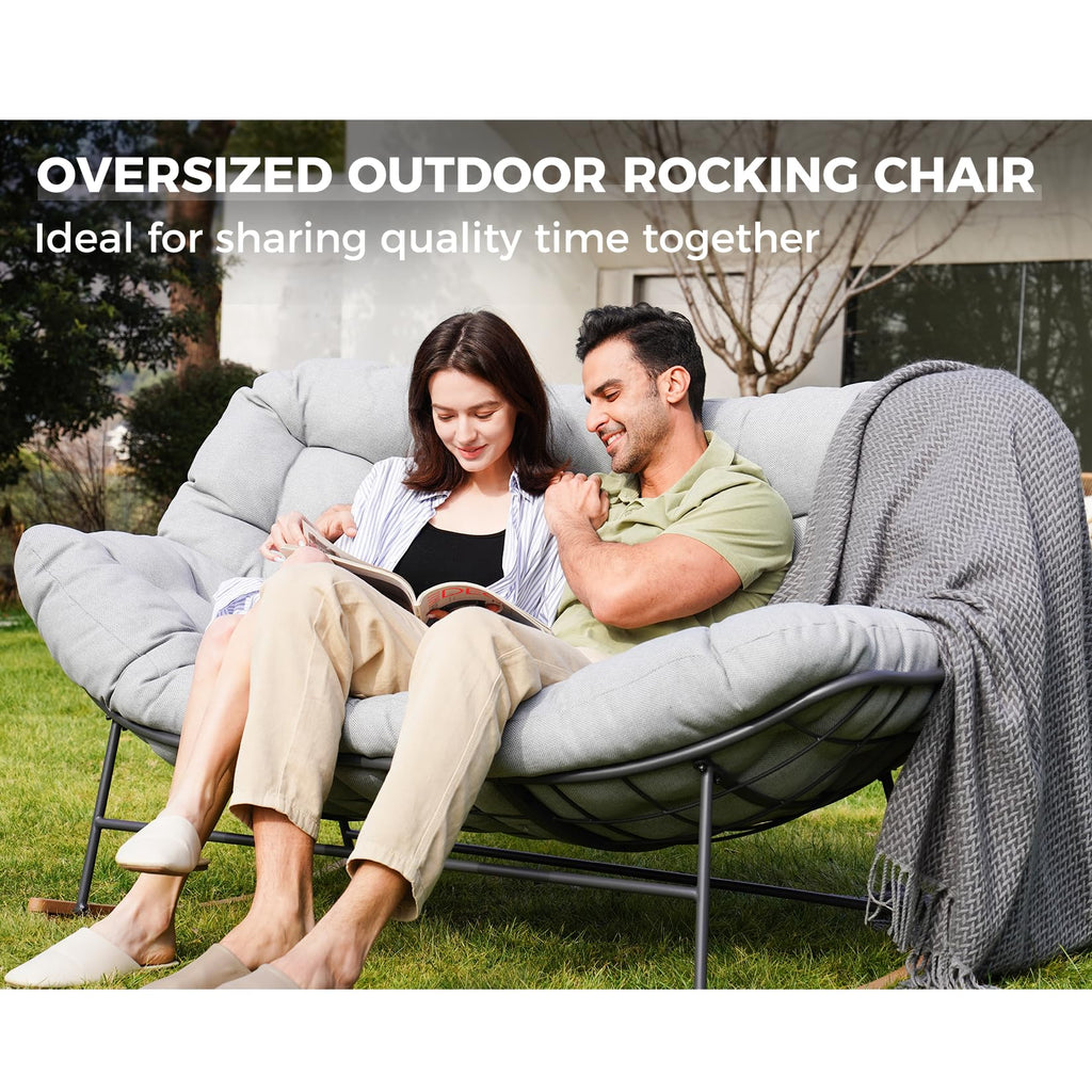 Oversized Papasan Loveseat Rocking Chair Patio Lounge, Grey