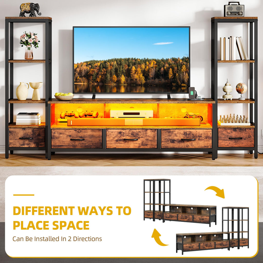 Industrial LED TV Stand for 65 Inch TVs, Bookshelves, Rustic Brown
