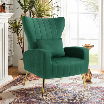 Modern Velvet Accent Chair Bedroom, Wingback Chair with Arm & Gold Legs, Guest Reception Side Chair with Lumbar