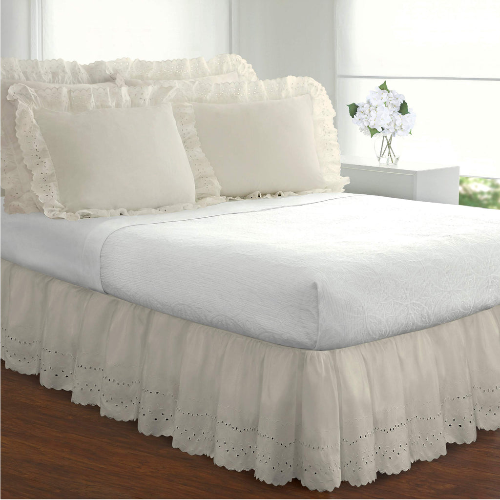 Ideas Ruffled Eyelet Bed Skirt Dust Ruffle with Gathered Styling and Embroidered Details, 18" Drop Length, King, Ivory