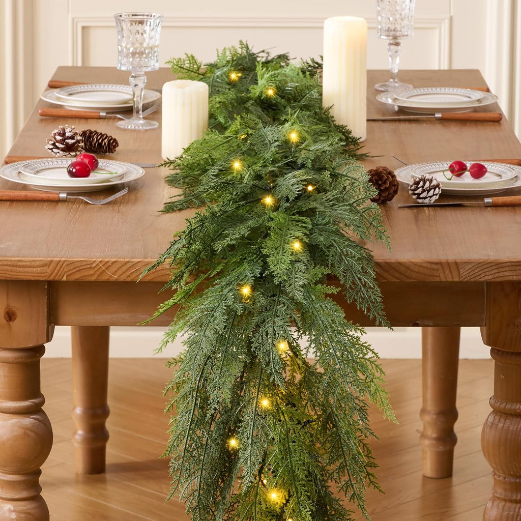 9 FT 1Pcs Prelit Realistic Faux Pine Cedar Garland for Christmas Decor Home