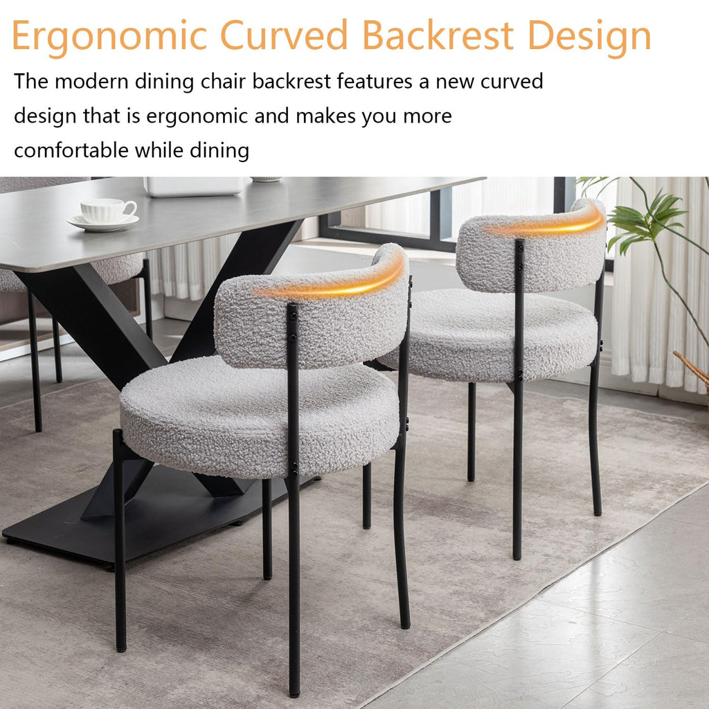 Boucle Dining Chairs Set of 6, Upholstered Dining Room Chairs with Black Metal Legs, Round Modern Dining Chair (Light