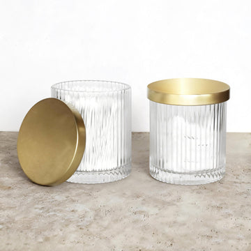 2 Pack Qtip Holder Dispenser with Metal Lids | Ribbed Glass Canister Set Vanity (Gold 2 Pcs)