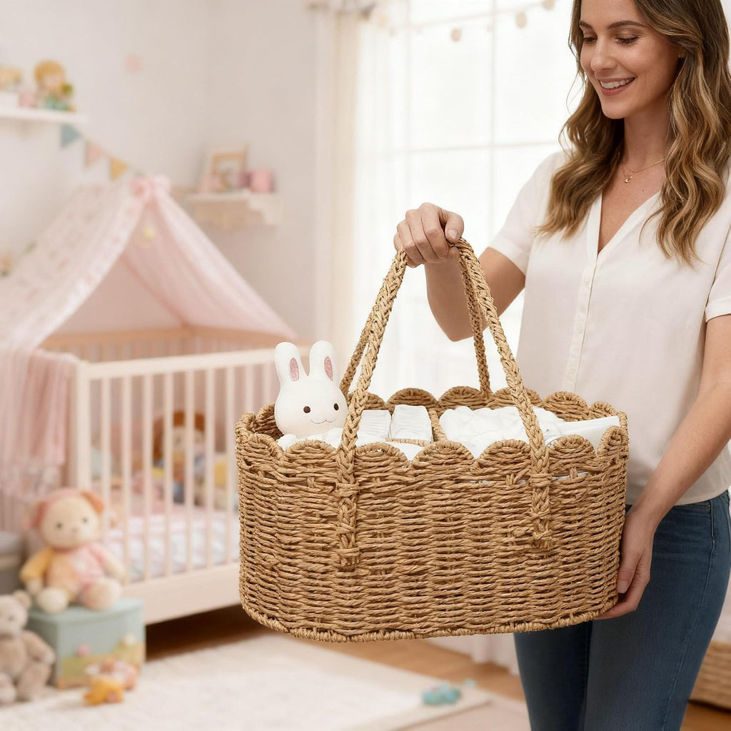 Diaper Caddy Organizer, Paper Rope Storage Baskets Nursery Bin with Removable Divider, Portable Car Organizer
