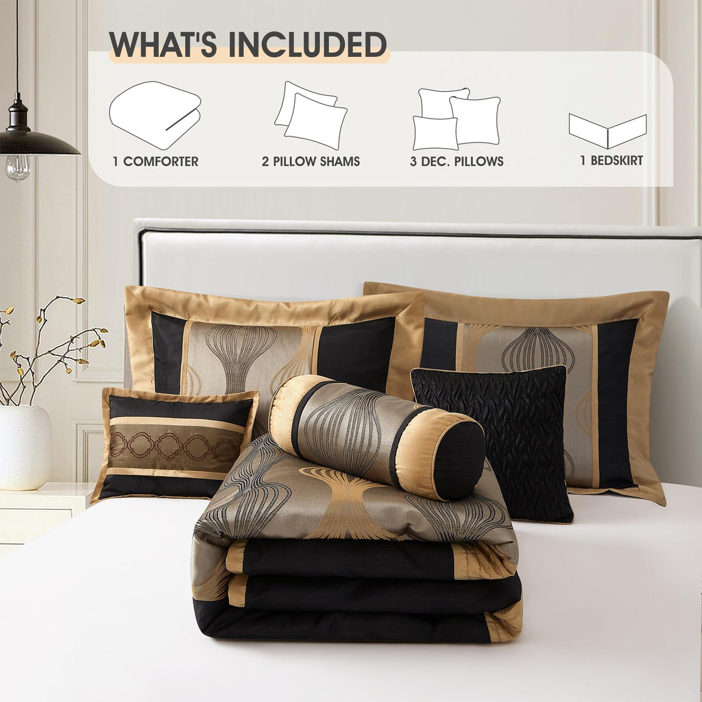 Queen Comforter Set, Black Gold, 7 Pieces Bed in a Bag, Ultra Soft Jacquard with Solid Piecework, Luxury Bed Set with