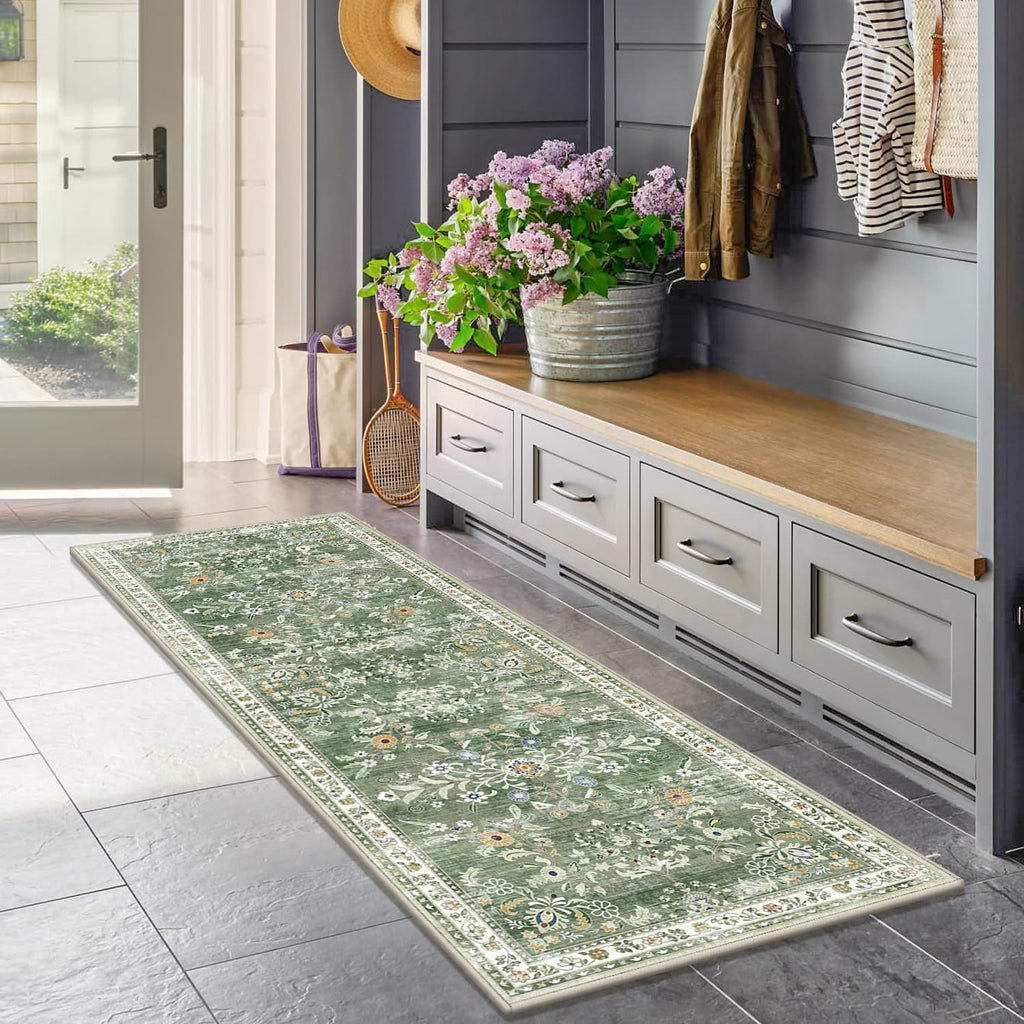 2x10 Washable Hallway Runner Rug Non Slip Floral Carpet, Sage Green
