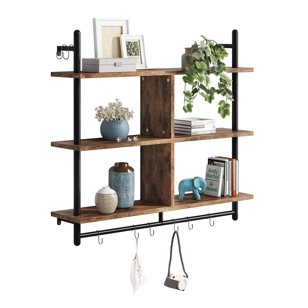 41.5" Floating Shelves for Wall 3 Tier Kitchen Shelves Wall Mounted Coffee Bar Shelf Hanging Shelf with 8 Hooks