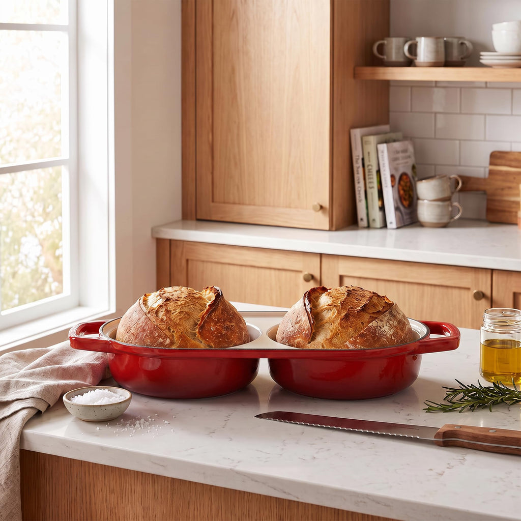 Enameled Cast Iron Double Bread Dutch Oven, Red