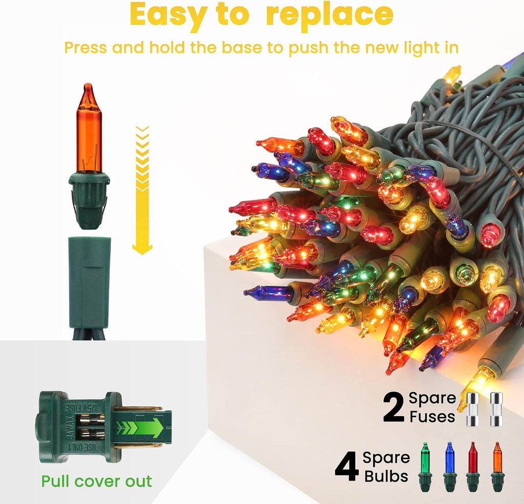 Multicolor Christmas Lights Green Wire, 49.2ft 150 Count Mini Incandescent Bulb String Lights with UL Certified