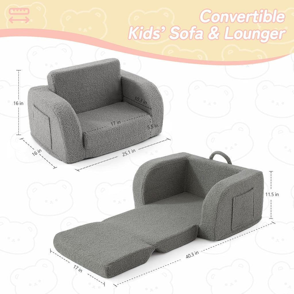 Toddler Chair, in-1 Foldable Kids Couch for 1-3 Years Old, Grey