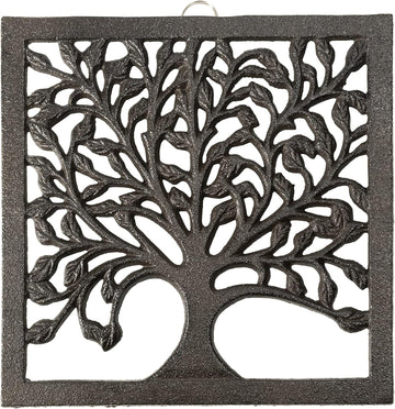 Cast Iron Trivet for Hot Dishes, Pots, and Pans, Metal Trivet, Family Tree Design, Rubber Feet Caps, Ring Hanger, 8