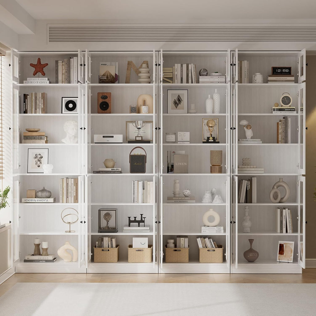 85.5" Modern Bookcase with Glass Doors Set of 4, 7-Tier Tall Wooden Bookshelf with Storage , Large Curio Cabinet