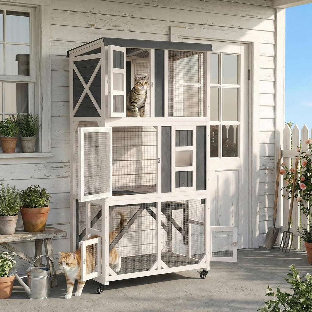 63.5" H Outdoor Cat Enclosure, Wooden Window Catio with Wheels