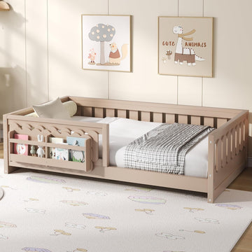 Floor Bed Frame for Kids with Fence and Bookshelves, Natural