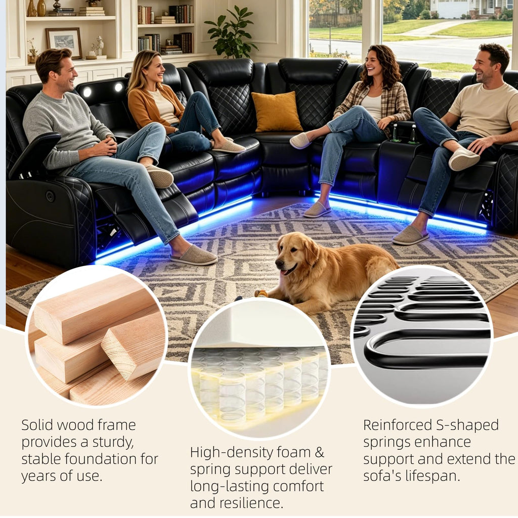 Breathing Leather Power Reclining Sofa Set, Sectional Couch with LED Light